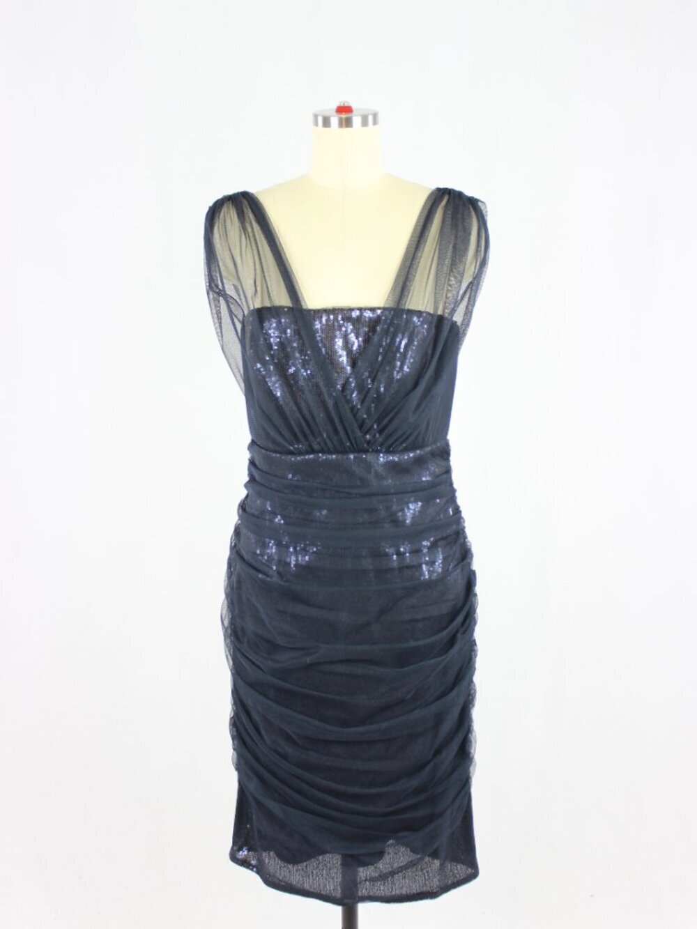 TADASHI SHOJI Navy Blue Sequin Tulle Ruched Sheath Dress, Size 10